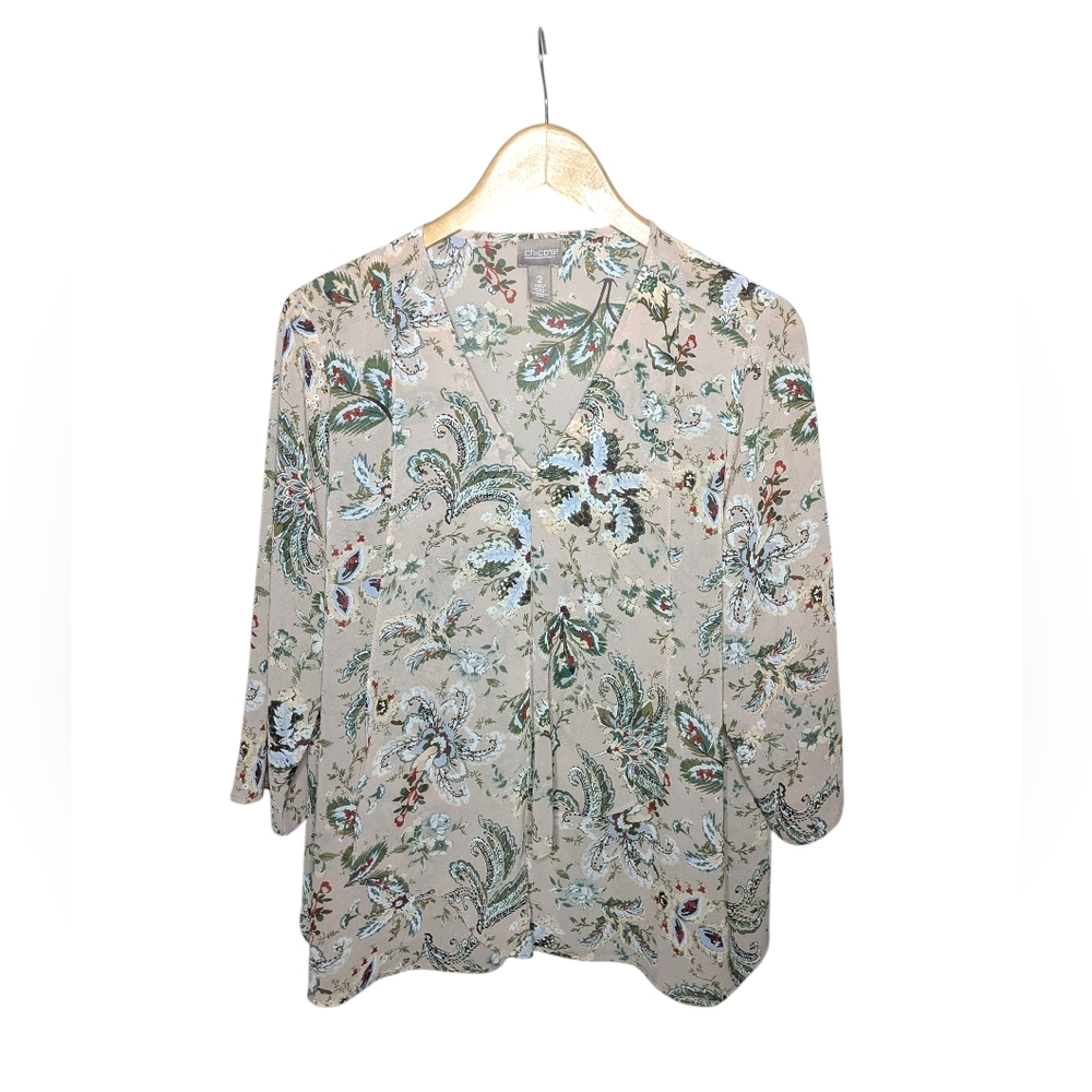 Chico’s Blouse Size 2/Large Pink Floral Flowy Lightweight V-Neck Boho 3/4 Sleeve